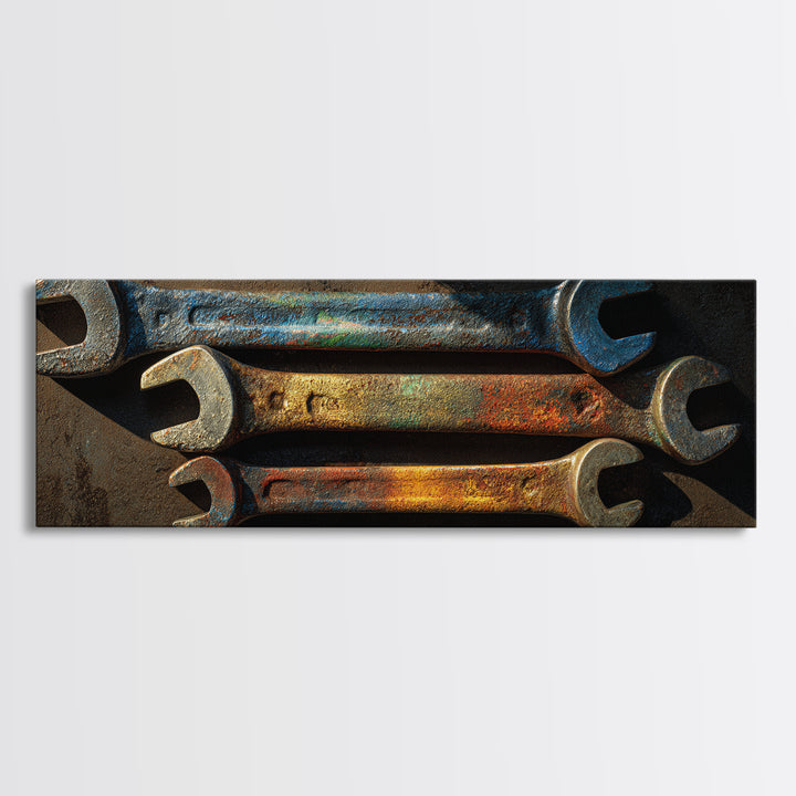 Wrench and Bolts Arranged Like Old Master Framed Canvas Print, Garage Art, Home Decor, Garage Decor, Fine Art, Motor, GAR-3x1-10
