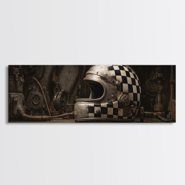 Racing Helmet with Checkered Flag Pattern Framed Canvas Print, Garage Art, Automotive Decor, Garage Decor, Fine Art, Motor, GAR-3x1-12