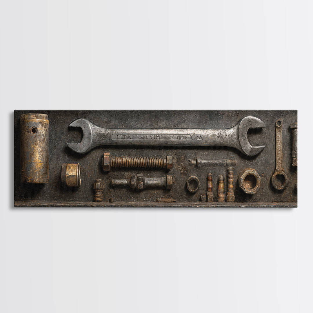 Wrench and Bolts Arranged Like Old Master Canvas Print, Garage Art, Canvas Wall Art, Garage Decor, Abstract Art, Motor, GAR-3x1-34