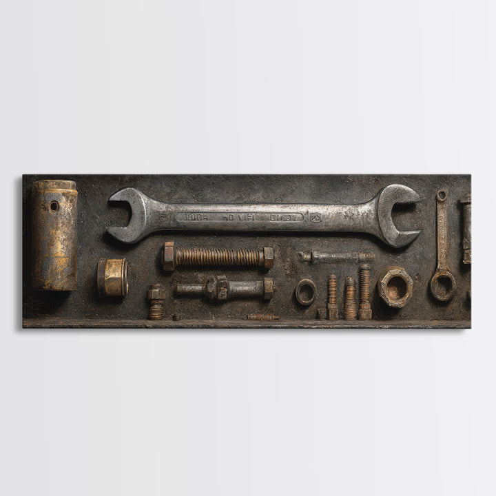 Wrench and Bolts Arranged Like Old Master Canvas Print, Garage Art, Canvas Wall Art, Garage Decor, Abstract Art, Motor, GAR-3x1-34