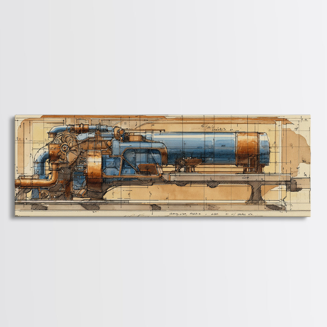 Engine Blueprint Technical Drawing Framed Canvas Print, Garage Art, Decor, Garage Decor, Fine Art, Motor, Car Wall Art, GAR-3x1-51