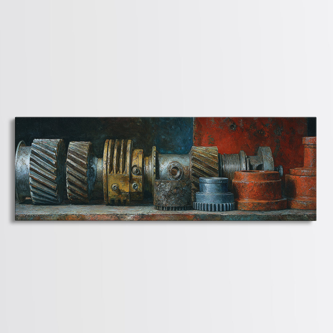Camshaft and Gears Industrial Still Life Framed Canvas Print, Garage Art, Contemporary Art, Garage Decor, Fine Art, Motor, GAR-3x1-55