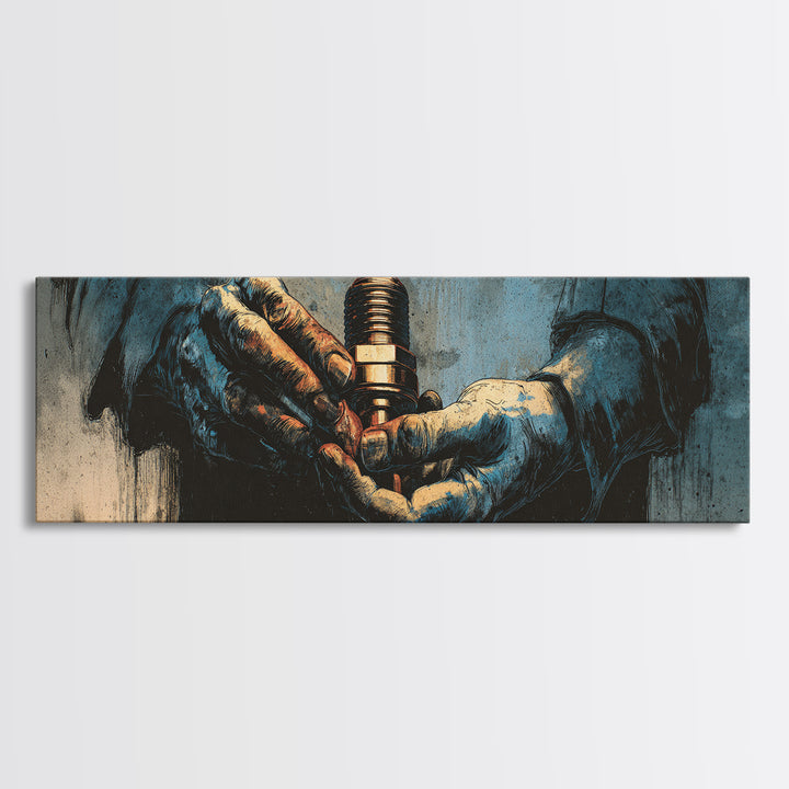 Mechanic Hands Holding a Spark Plug Canvas Print, Garage Art, Art Print, Garage Decor, Oil Painting, Motor, Canvas Wall Art, GAR-3x1-70