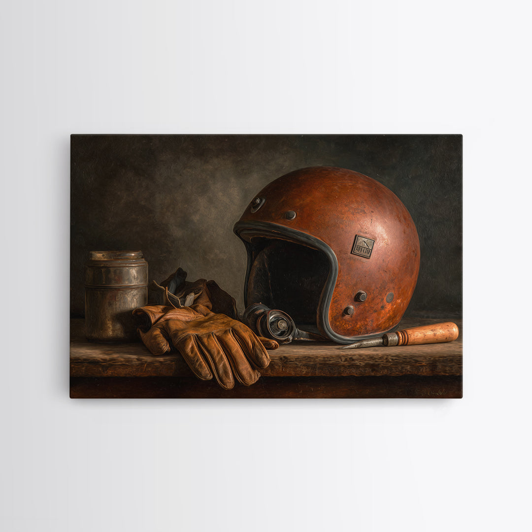 Motorcycle Helmet and Leather Gloves Still Life Canvas Print, Garage Art, Black and White Art, Garage Decor, Motor, Boho Decor, GAR-3x2-13