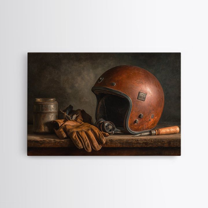 Motorcycle Helmet and Leather Gloves Still Life Canvas Print, Garage Art, Black and White Art, Garage Decor, Motor, Boho Decor, GAR-3x2-13