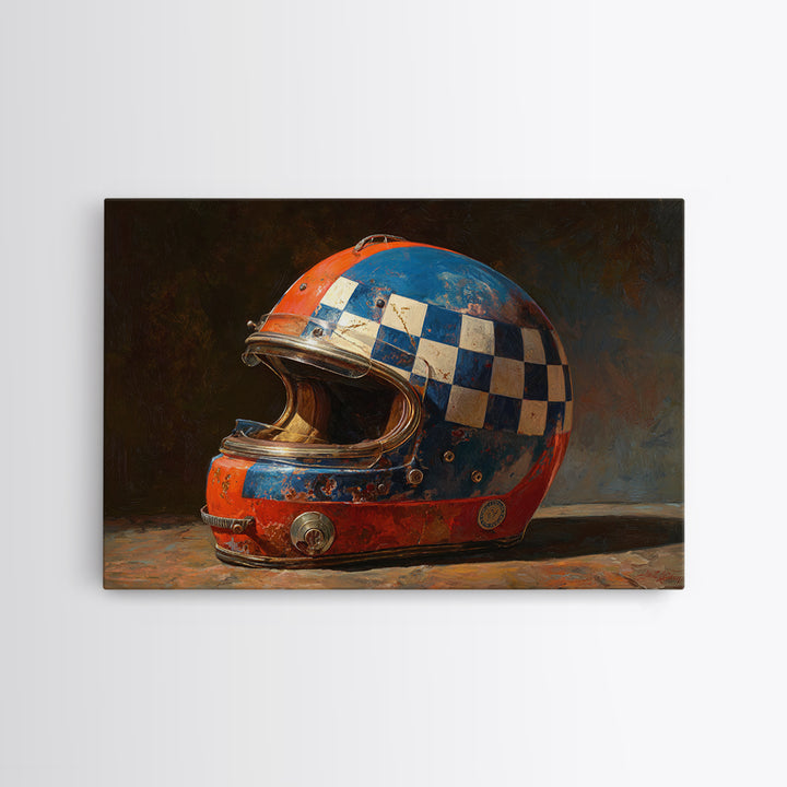 Racing Helmet with Checkered Flag Pattern Framed Canvas Print, Garage Art, Black and White Art, Garage Decor, Fine Art, Motor, GAR-3x2-24