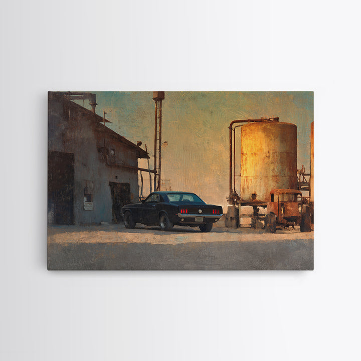 Desert Highway with Muscle Car Silhouette Framed Canvas Print, Garage Art, Game Room Decor, Garage Decor, Fine Art, Motor, GAR-3x2-25