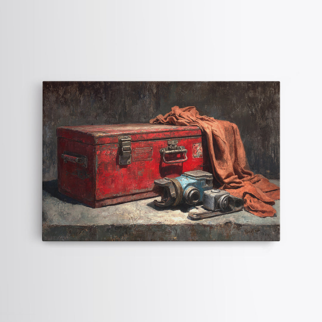 Old Toolbox with Oil Stained Rag Still Framed Canvas Print, Garage Art, Automotive Decor, Garage Decor, Fine Art, Motor, GAR-3x2-31