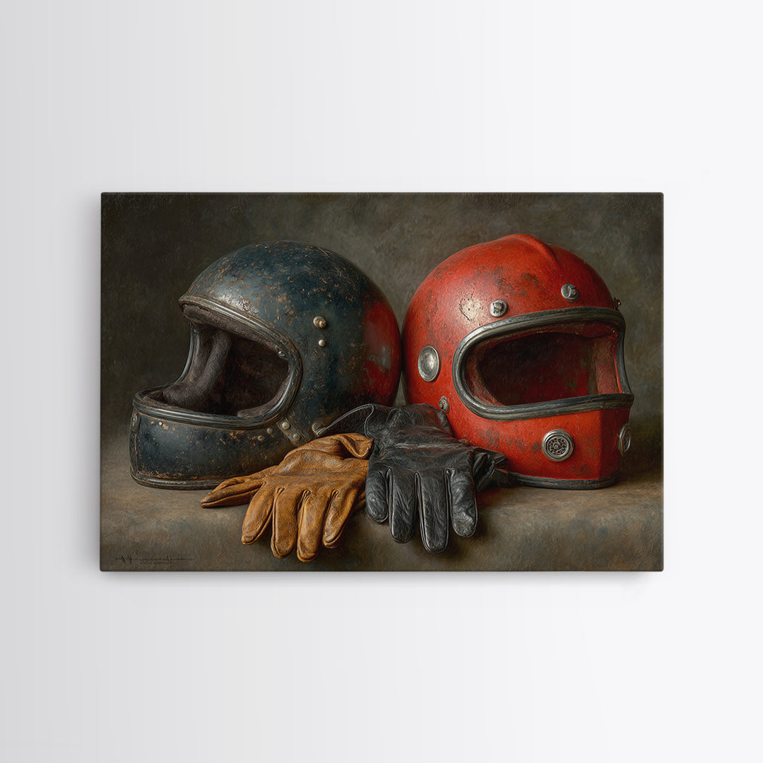 Motorcycle Helmet and Leather Gloves Still Life Canvas Print, Garage Art, Game Room Art, Garage Decor, Oil Painting, Motor, GAR-3x2-37