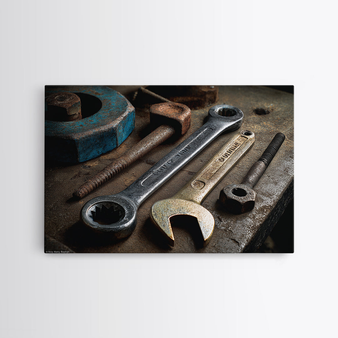 Wrench and Bolts Arranged Like Old Master Framed Canvas Print, Garage Art, Car Art, Garage Decor, Motor, Garage Art Poster, GAR-3x2-70
