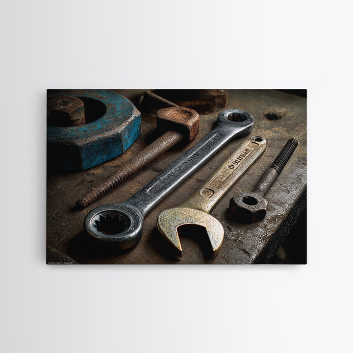 Wrench and Bolts Arranged Like Old Master Framed Canvas Print, Garage Art, Car Art, Garage Decor, Motor, Garage Art Poster, GAR-3x2-70