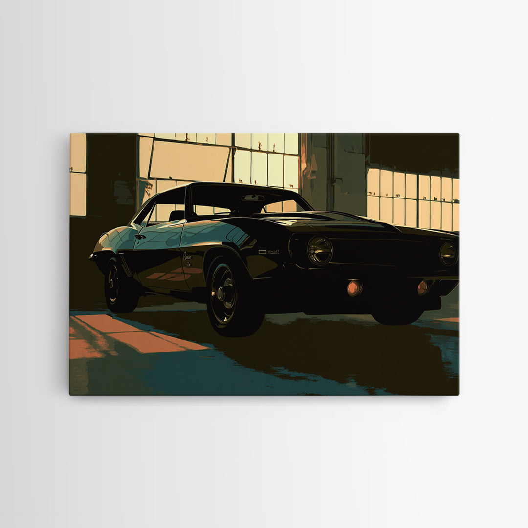 Desert Highway with Muscle Car Silhouette Canvas Print, Garage Art, Automotive Decor, Garage Decor, Oil Painting, Motor, GAR-3x2-73