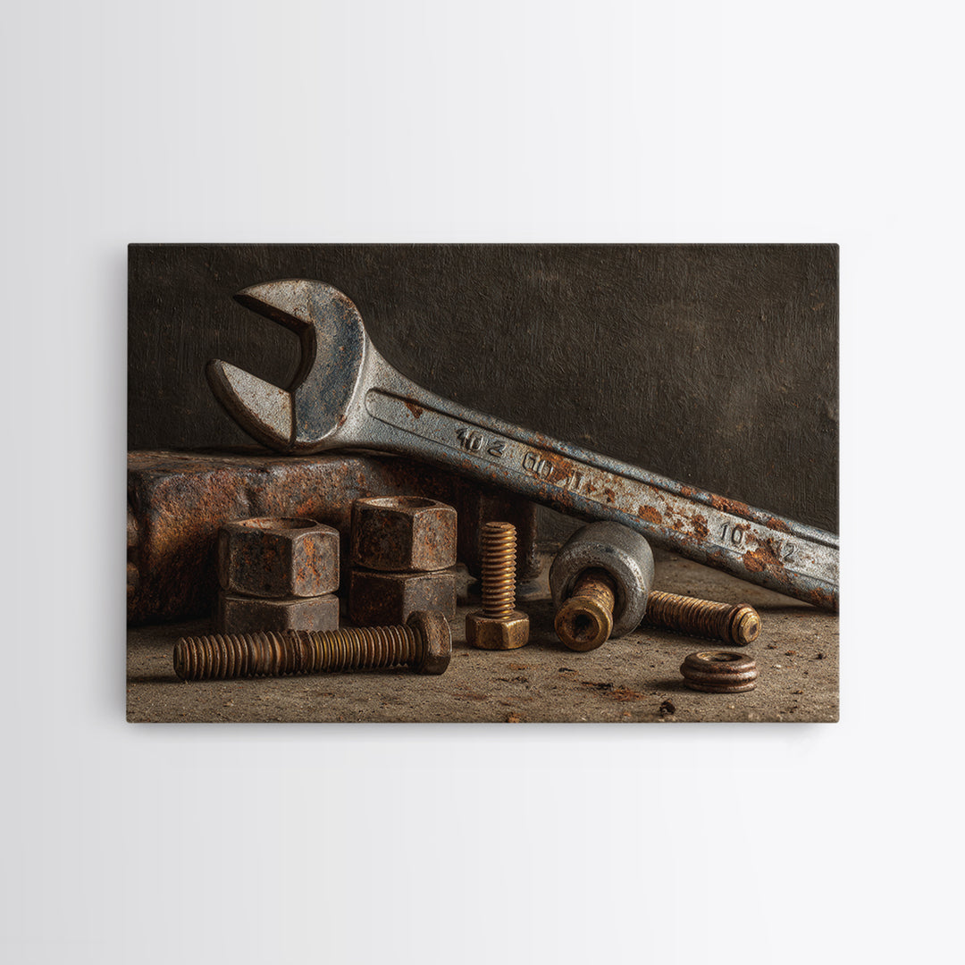 Wrench and Bolts Arranged Like Old Master Canvas Print, Garage Art, Industrial Wall Art, Garage Decor, Abstract Art, Motor, GAR-3x2-94