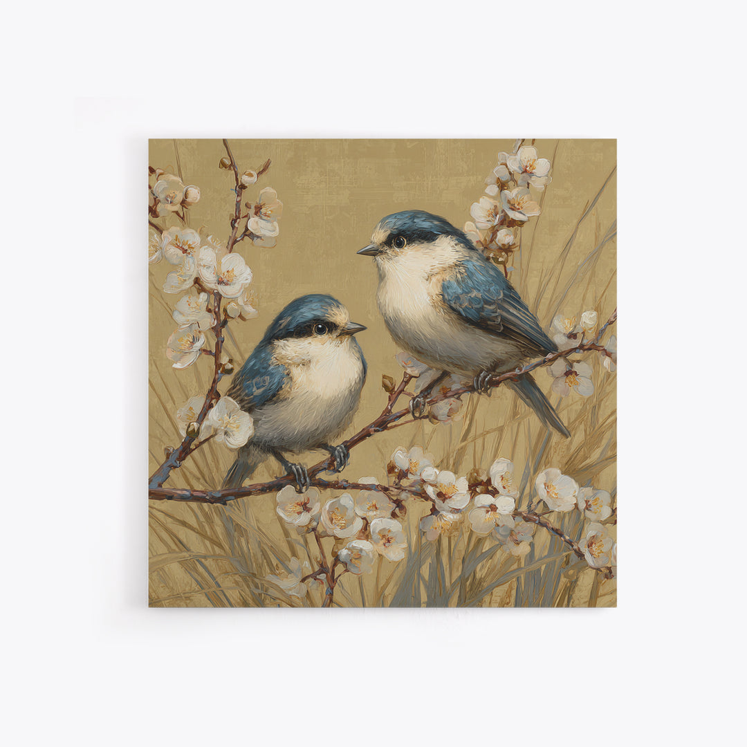 Small Bird Pair on Flowering Branch Framed Canvas Print, Guest Bedroom Art, Living Room Wall Art, Bedroom Decor, Watercolor Art, GBA-1x1-52