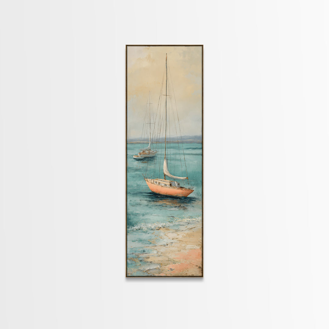 Soft Watercolor Sailboat on Quiet Water Framed Canvas Print, Guest Bedroom Art, Funky Wall Art, Bedroom Decor, Oil Painting, GBA-1x3-30