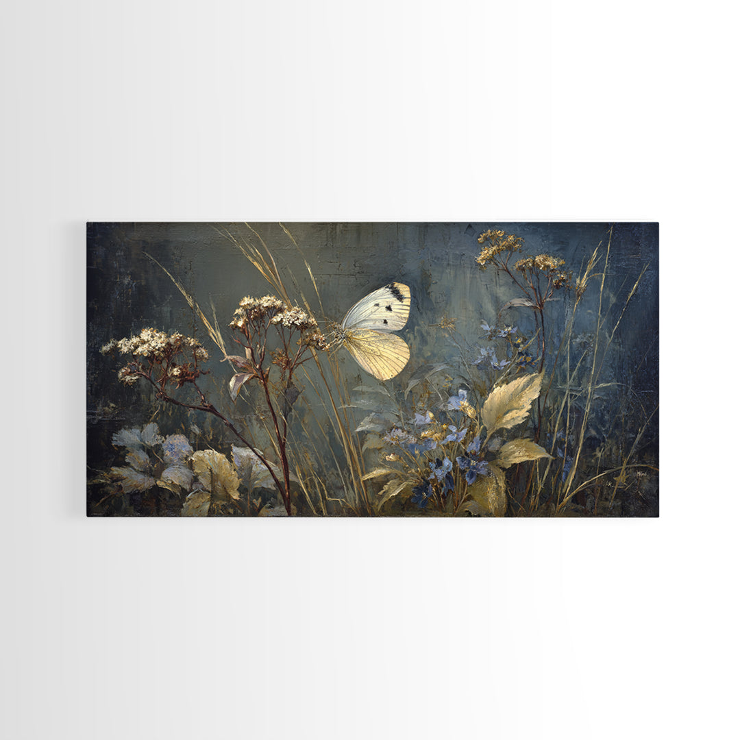 Garden Butterfly and Flowers Specimen Study Framed Canvas Print, Guest Bedroom Art, Farmhouse Wall Art, Bedroom Decor, Guest, GBA-2x1-67