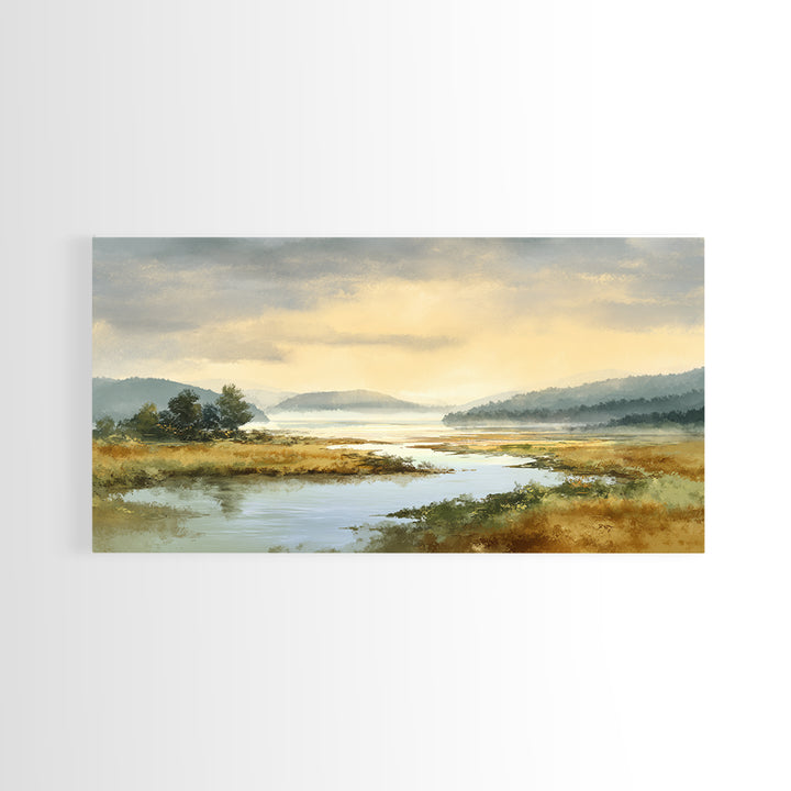 Quiet Lake Landscape at Early Morning Canvas Print, Guest Bedroom Art, Wall Decor, Bedroom Decor, Oil Painting, Guest, GBA-2x1-70