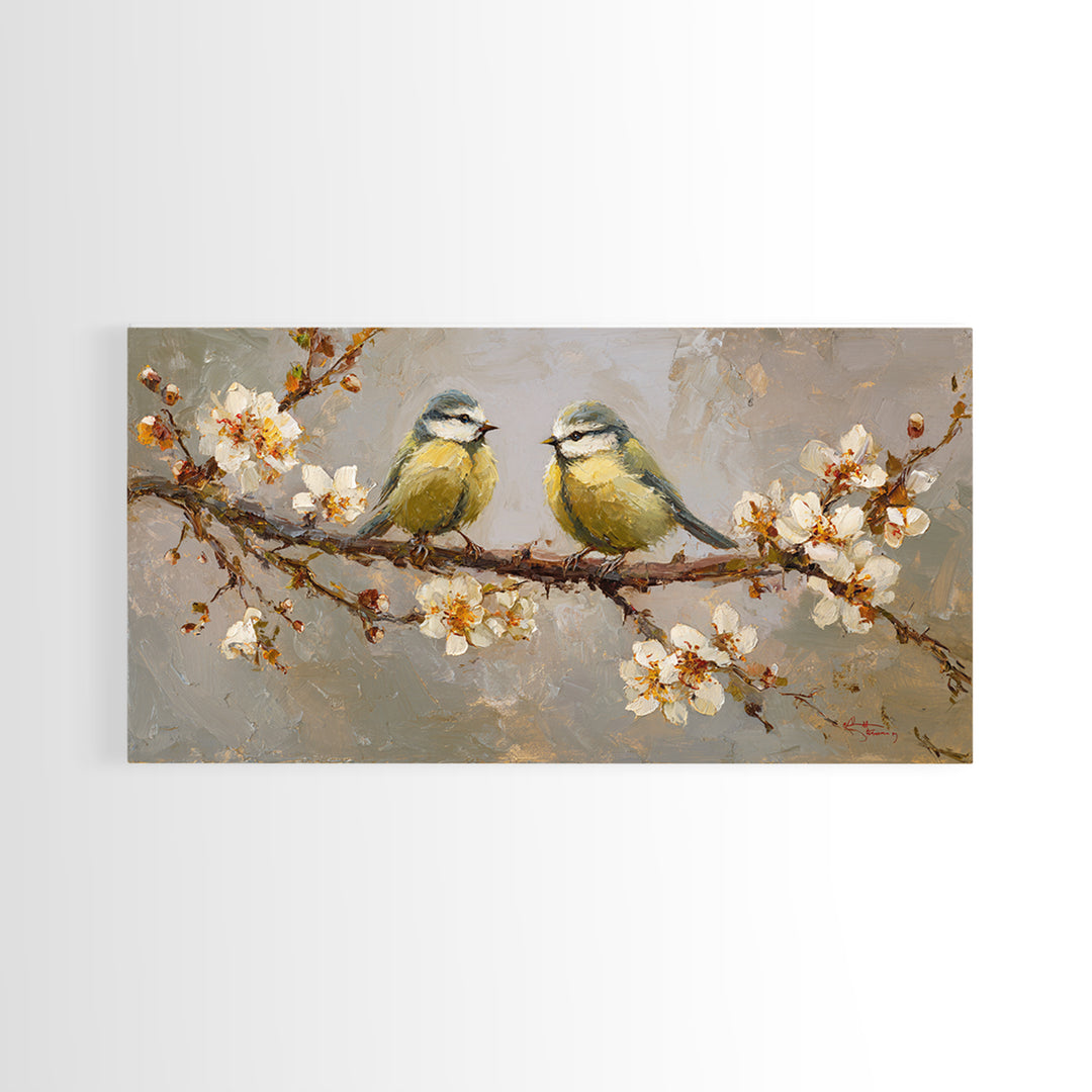 Small Bird Pair on Flowering Branch Framed Canvas Print, Guest Bedroom Art, Bedroom Decor, Watercolor Art, Guest, GBA-2x1-72