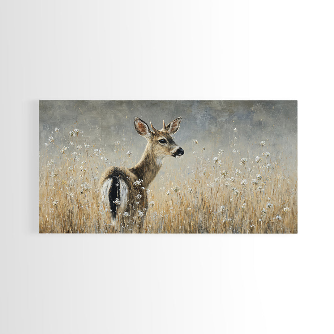 Sunlit Meadow with Delicate Flowers Framed Canvas Print, Guest Bedroom Art, Bedroom Decor, Oil Painting, Guest, GBA-2x1-83