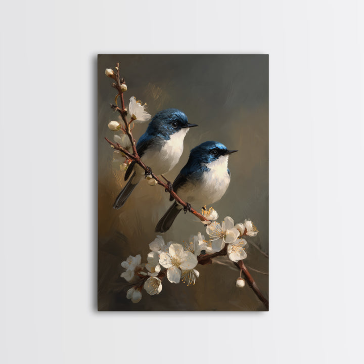 Small Bird Pair on Flowering Branch Framed Canvas Print, Guest Bedroom Art, Minimalist Decor, Bedroom Decor, Fine Art, Guest, GBA-2x3-12