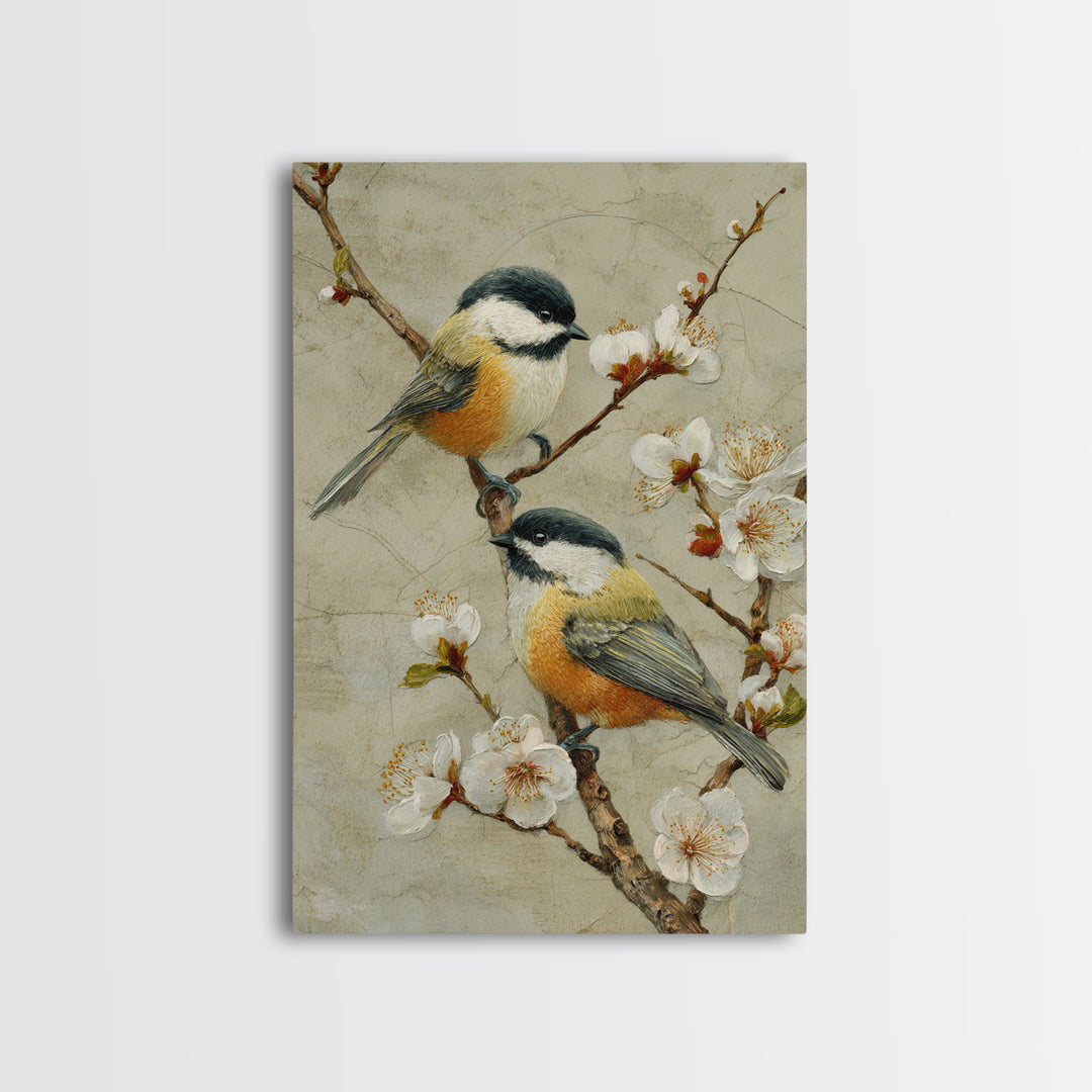 Small Bird Pair on Flowering Branch Framed Canvas Print, Guest Bedroom Art, Cat Wall Art, Bedroom Decor, Fine Art, Guest, GBA-2x3-36