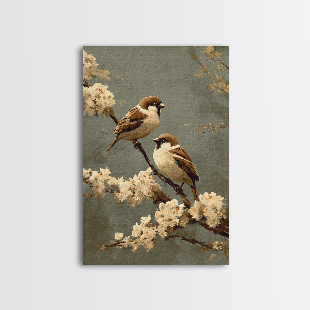 Small Bird Pair on Flowering Branch Framed Canvas Print, Guest Bedroom Art, Wall Art, Bedroom Decor, Watercolor Art, Guest, GBA-2x3-60