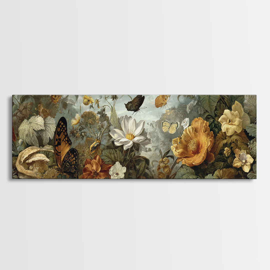 Garden Butterfly and Flowers Specimen Study Framed Canvas Print, Guest Bedroom Art, Farmhouse Wall Art, Bedroom Decor, Guest, GBA-3x1-15