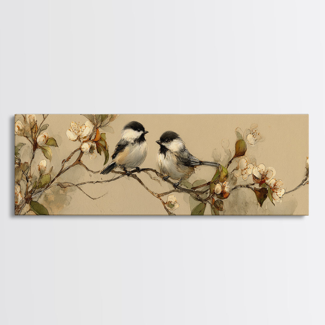 Small Bird Pair on Flowering Branch Canvas Print, Guest Bedroom Art, Downloadable Prints, Bedroom Decor, Oil Painting, Guest, GBA-3x1-20