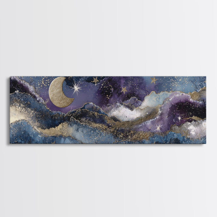 Minimal Moon and Stars Composition Framed Canvas Print, Guest Bedroom Art, New Home, Bedroom Decor, Watercolor Art, Guest, GBA-3x1-32