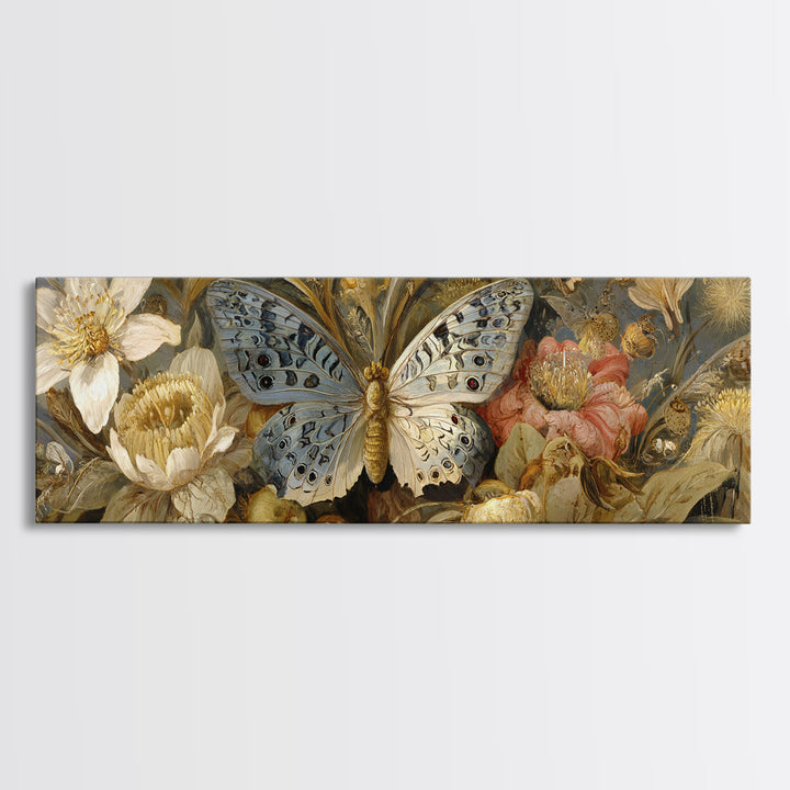 Garden Butterfly and Flowers Specimen Study Canvas Print, Guest Bedroom Art, Fine Art Print, Bedroom Decor, Oil Painting, Guest, GBA-3x1-39