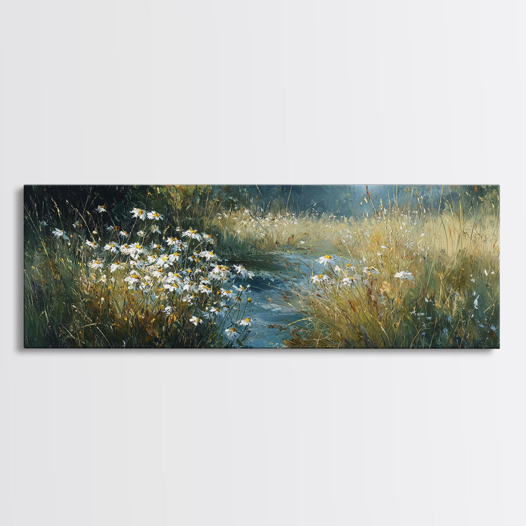 Sunlit Meadow with Delicate Flowers Framed Canvas Print, Guest Bedroom Art, Bedroom Decor, Oil Painting, Guest, GBA-3x1-55