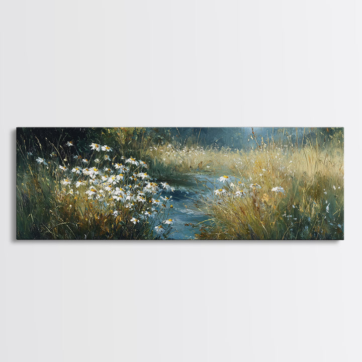 Sunlit Meadow with Delicate Flowers Framed Canvas Print, Guest Bedroom Art, Bedroom Decor, Oil Painting, Guest, GBA-3x1-55