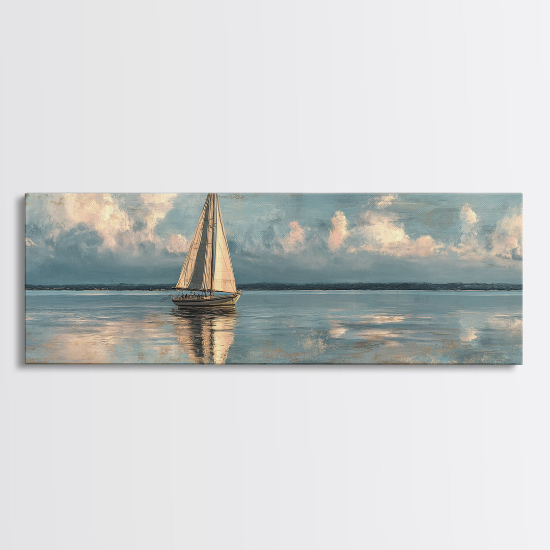 Soft Watercolor Sailboat on Quiet Water Framed Canvas Print, Guest Bedroom Art, New Home Gift, Bedroom Decor, Fine Art, Guest, GBA-3x1-58