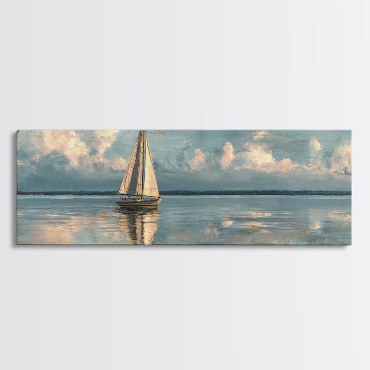 Soft Watercolor Sailboat on Quiet Water Framed Canvas Print, Guest Bedroom Art, New Home Gift, Bedroom Decor, Fine Art, Guest, GBA-3x1-58