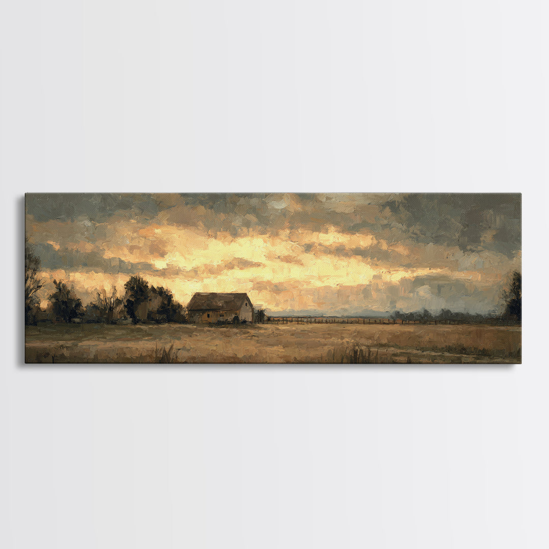 Quiet Horse Pasture at Sunset Canvas Print, Guest Bedroom Art, Farmhouse Wall Decor, Bedroom Decor, Oil Painting, Guest, GBA-3x1-61