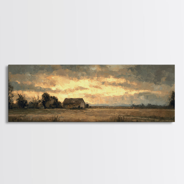Quiet Horse Pasture at Sunset Canvas Print, Guest Bedroom Art, Farmhouse Wall Decor, Bedroom Decor, Oil Painting, Guest, GBA-3x1-61