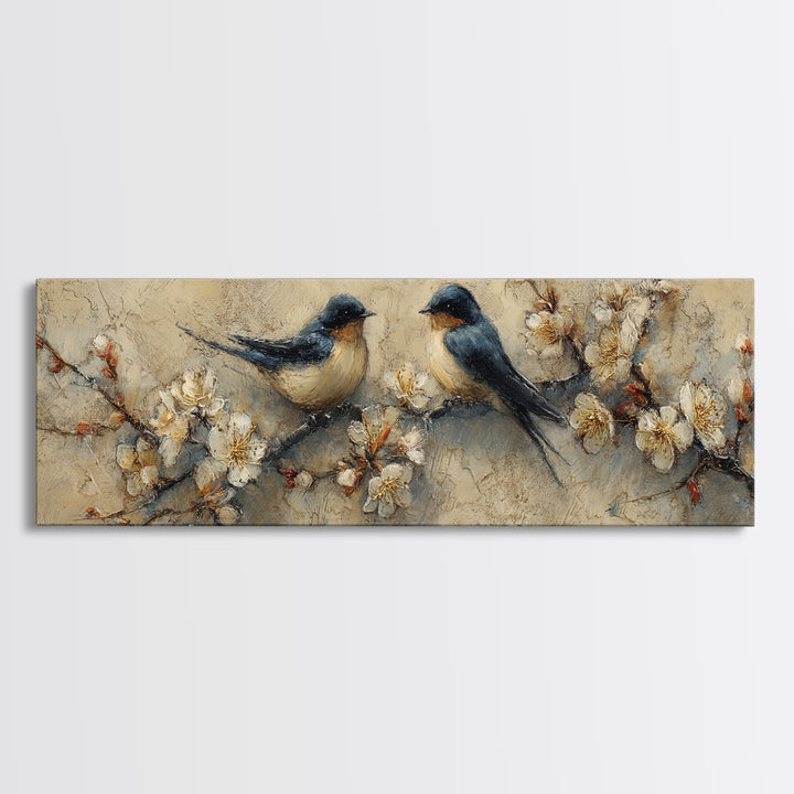 Small Bird Pair on Flowering Branch Framed Canvas Print, Guest Bedroom Art, Contemporary Art, Bedroom Decor, Fine Art, Guest, GBA-3x1-68