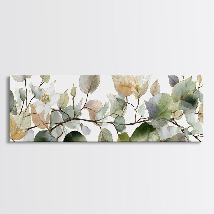 Calming Eucalyptus Watercolor Branches Framed Canvas Print, Guest Bedroom Art, Pink Wall Art, Bedroom Decor, Fine Art, Guest, GBA-3x1-74