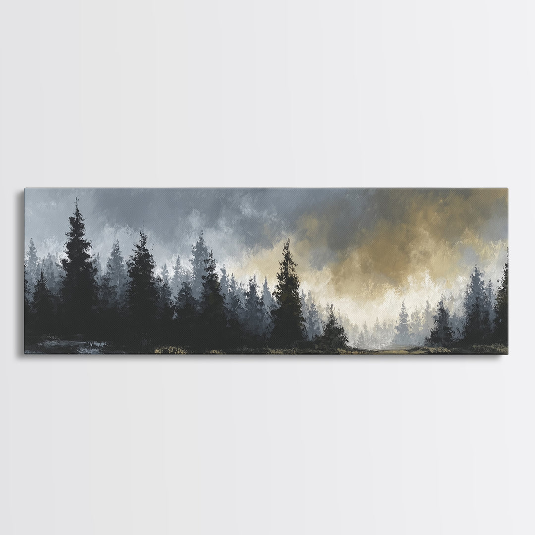 Monochrome Forest Silhouette Framed Canvas Print, Guest Bedroom Art, Bedroom Wall Decor, Bedroom Decor, Oil Painting, Guest, GBA-3x1-77