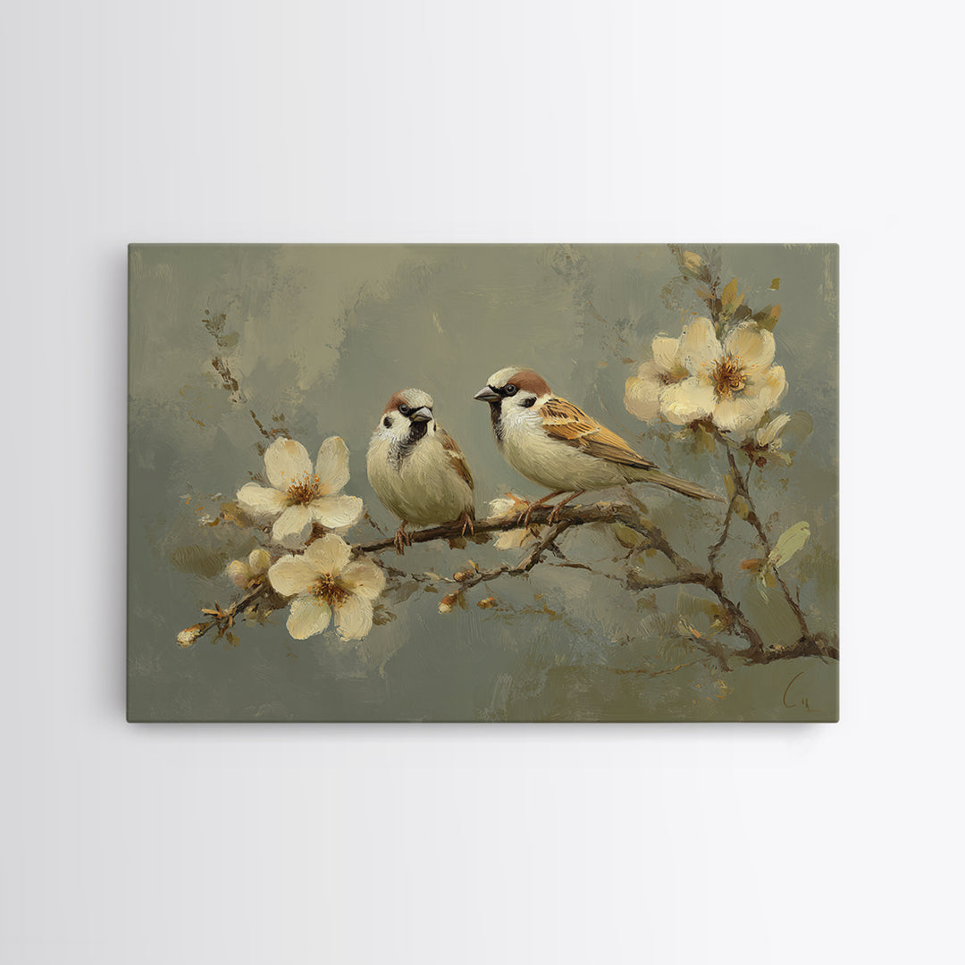 Small Bird Pair on Flowering Branch Canvas Print, Guest Bedroom Art, Set of 3 Wall Art, Bedroom Decor, Oil Painting, Guest, GBA-3x2-32