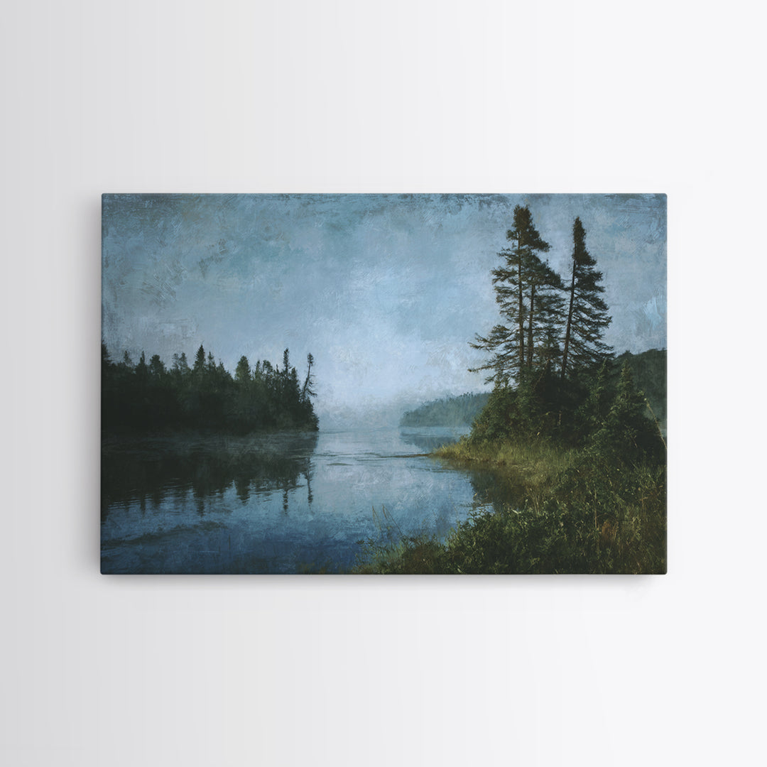 Quiet Lake Landscape at Early Morning Framed Canvas Print, Guest Bedroom Art, Bedroom Decor, Fine Art, Guest, Above Bed Decor, GBA-3x2-6