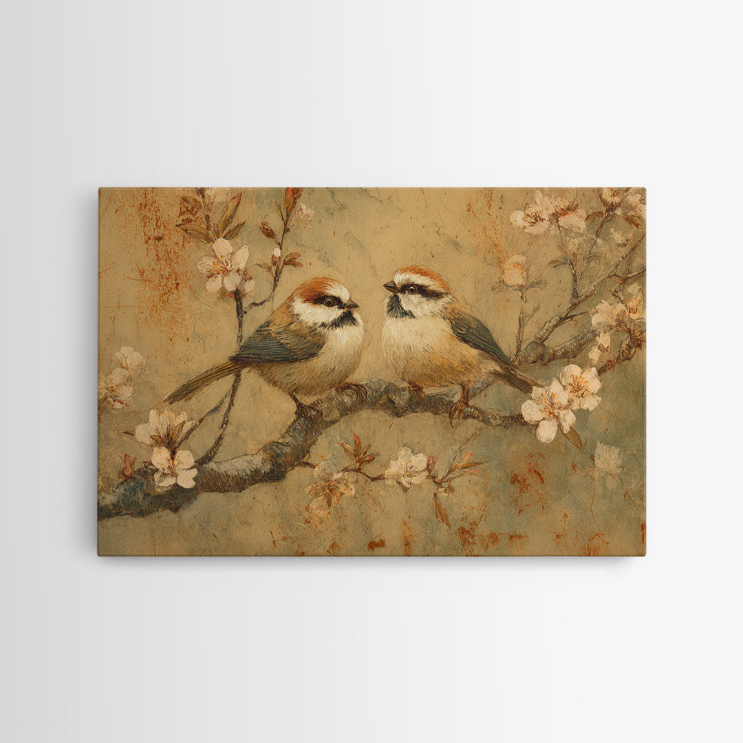 Small Bird Pair on Flowering Branch Framed Canvas Print, Guest Bedroom Art, Statement Artwork, Bedroom Decor, Fine Art, Guest, GBA-3x2-80