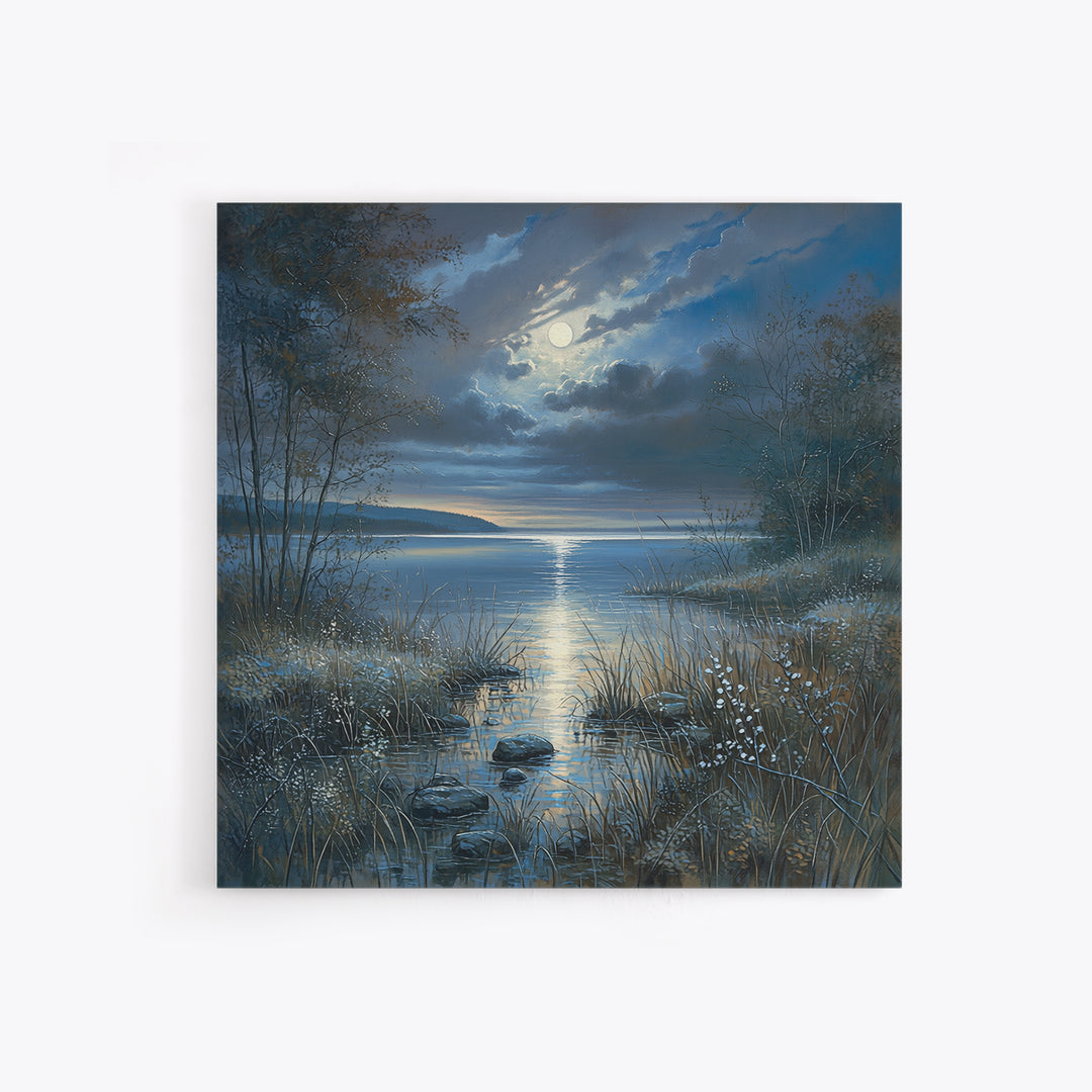Dreamlike Moonlit Lake Framed Canvas Print, General Fine Art, Boho Decor, Living Room Decor, Fine Art, Wall Decor, GEN-1x1-61