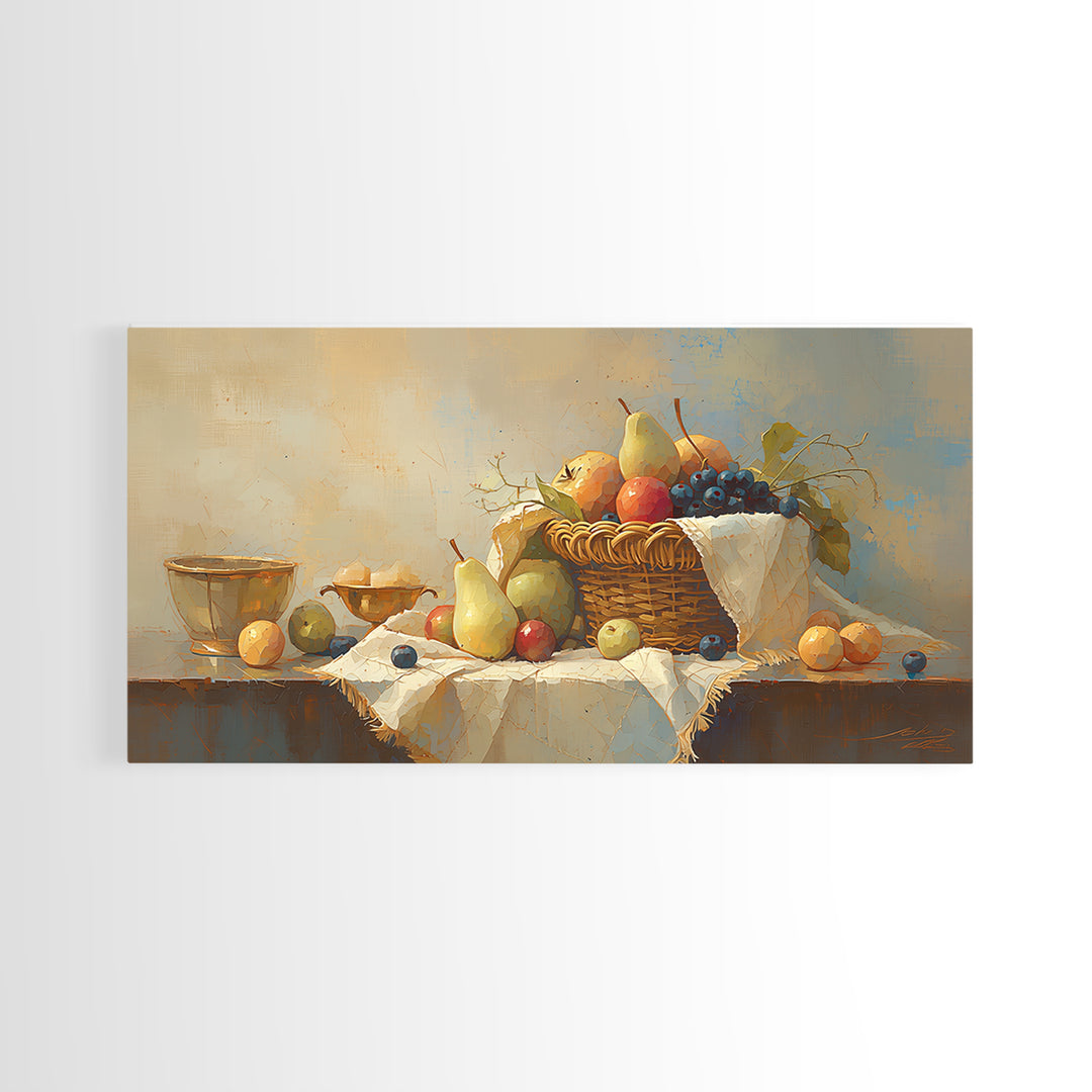 Simple Still Life of Fruit and Linen Framed Canvas Print, General Fine Art, Room Decor, Living Room Decor, Abstract Art, GEN-2x1-12