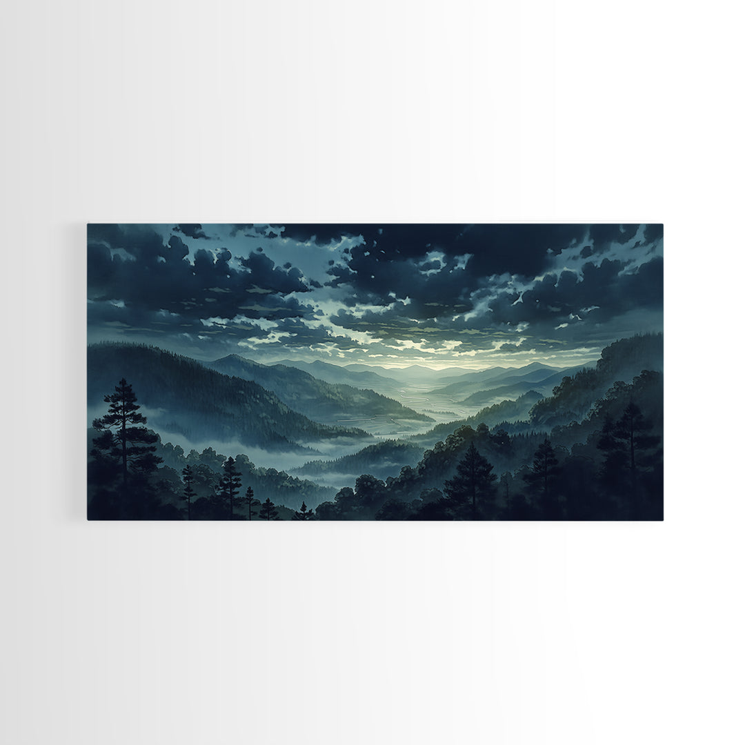 Misty Mountain Valley Framed Canvas Print, General Fine Art, Minimalist Decor, Living Room Decor, Oil Painting, GEN-2x1-24