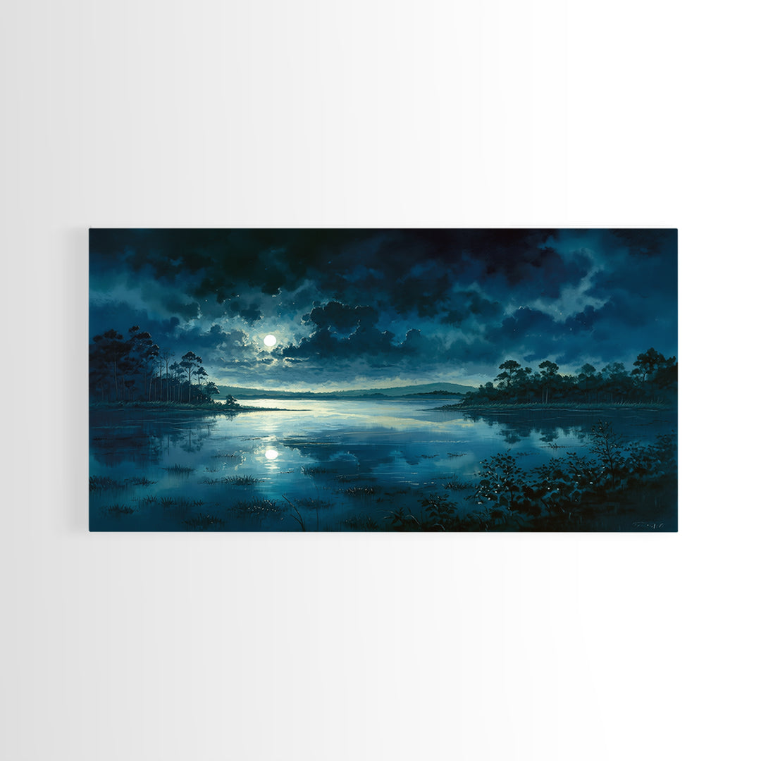 Dreamlike Moonlit Lake Framed Canvas Print, General Fine Art, Art, Living Room Decor, Fine Art, Mid Century Modern, GEN-2x1-33
