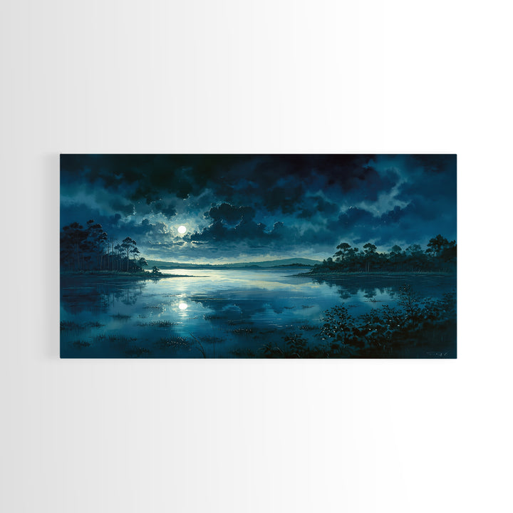 Dreamlike Moonlit Lake Framed Canvas Print, General Fine Art, Art, Living Room Decor, Fine Art, Mid Century Modern, GEN-2x1-33