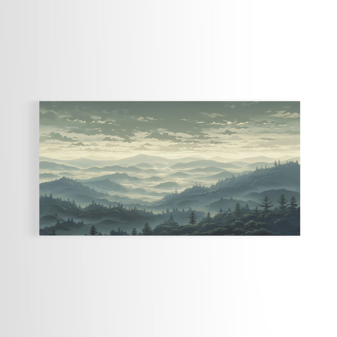 Misty Mountain Valley Framed Canvas Print, General Fine Art, Art Prints, Living Room Decor, Fine Art, Wall Hanging, GEN-2x1-72