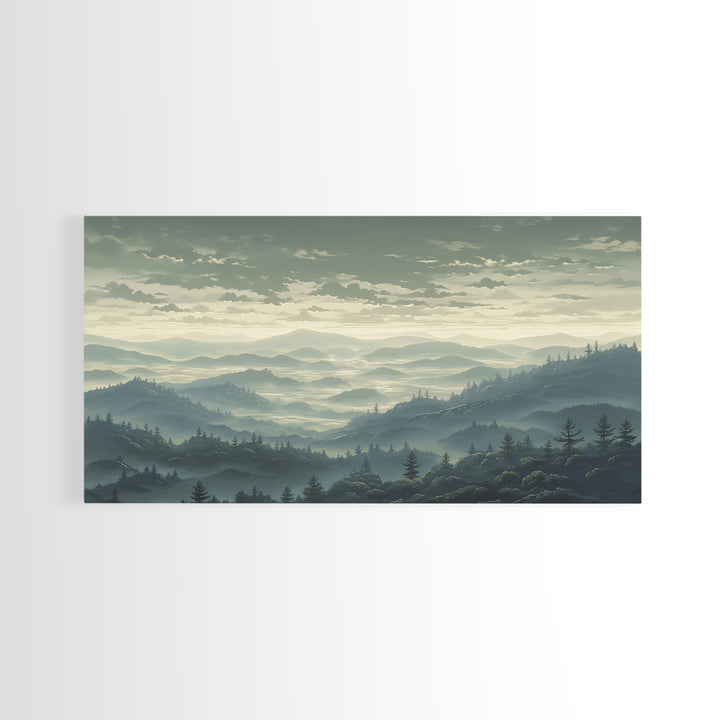 Misty Mountain Valley Framed Canvas Print, General Fine Art, Art Prints, Living Room Decor, Fine Art, Wall Hanging, GEN-2x1-72