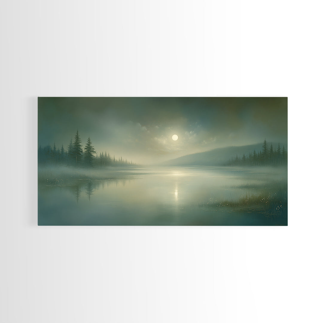 Dreamlike Moonlit Lake Framed Canvas Print, General Fine Art, Wall Art Prints, Living Room Decor, Watercolor Art, GEN-2x1-81